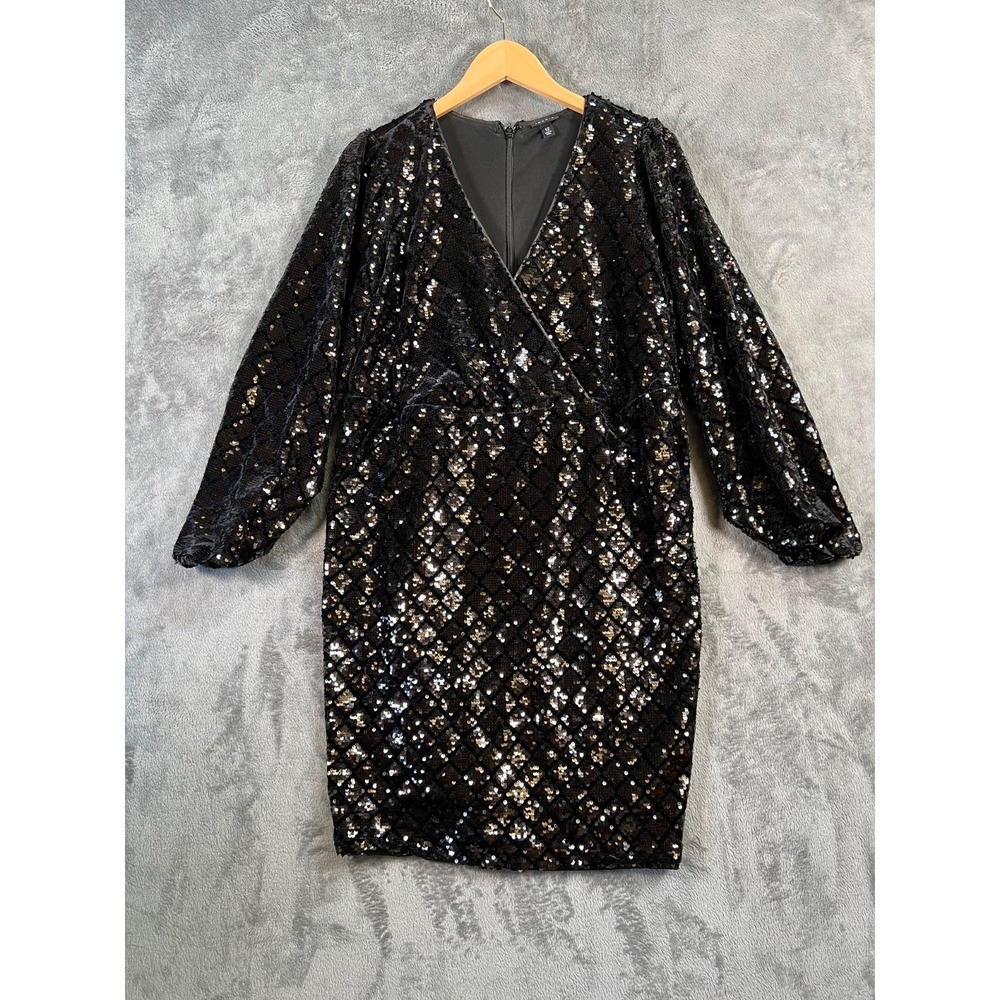 Torrid Sequin Velour Mini Dress 12 Black Surplice Long Sleeve Geometric - Picture 2 of 9
